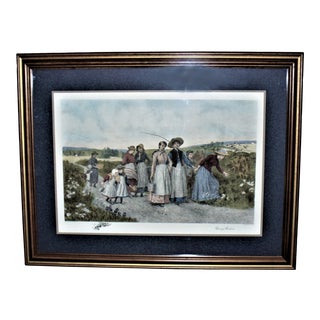 Late 20th Century "Berry Pickers" Figurative Landscape Etching by J. S. King, Framed For Sale