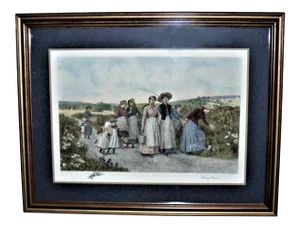 Late 20th Century "Berry Pickers" Figurative Landscape Etching by J. S. King, Framed