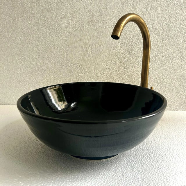 Black Round Ceramic Blacked Vanity Vessel Sink Basin, Brass Drain For Sale - Image 9 of 9