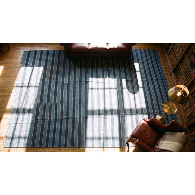 Traditional Antique Indian Cotton Dhurrie Rug With Blue Vertical Stripe Motif For Sale - Image 13 of 15