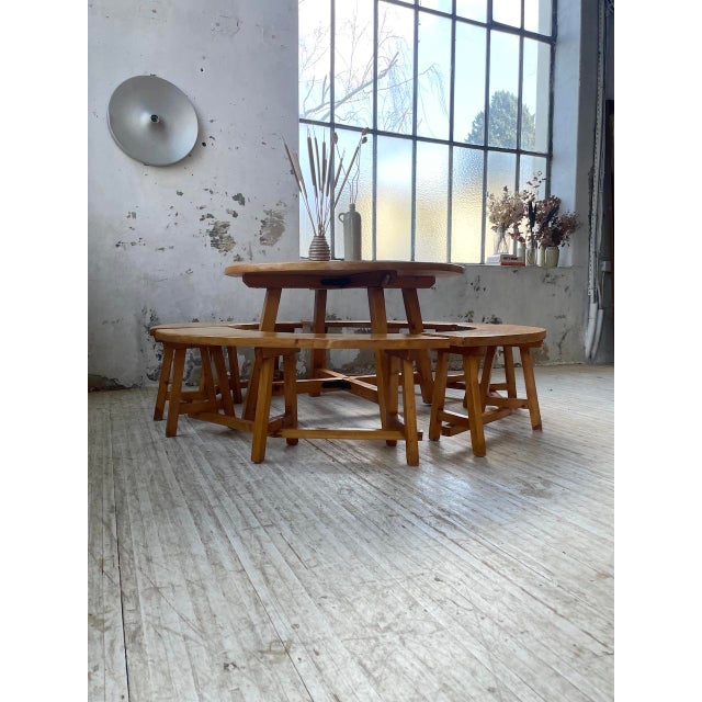 Round Table Set and Rounded Benches, 1950s, Set of 5 For Sale - Image 18 of 18