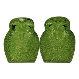 Blenko Glass Owl Bookends Pair Green Emerald Joel Myers 7” Vintage MCM 1960s M4. For Sale