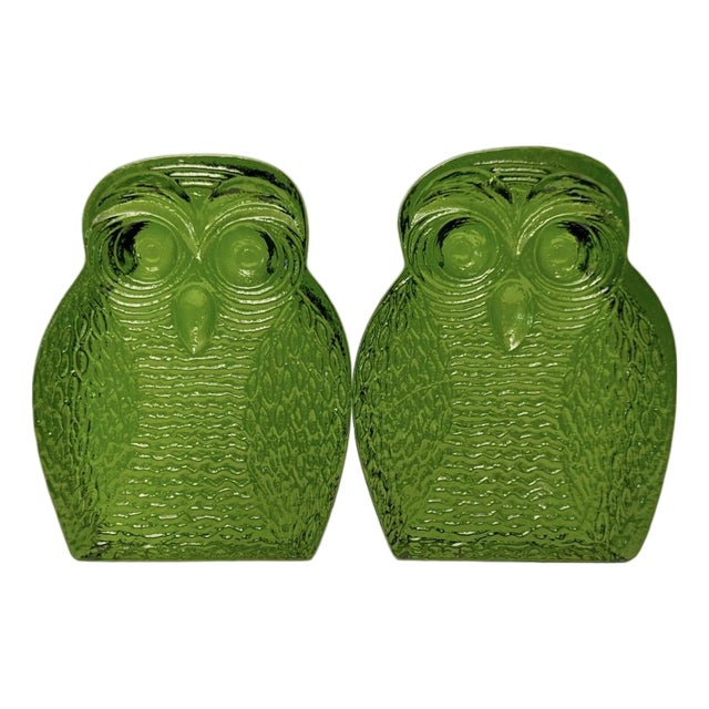 Blenko Glass Owl Bookends Pair Green Emerald Joel Myers 7” Vintage MCM 1960s M4. For Sale