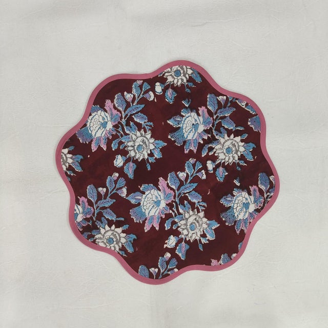 Not Yet Made - Made To Order Handmade Round Scalloped Burgundy Botanical Placemats with Pink Trim - Set of 4 For Sale - Image 5 of 7
