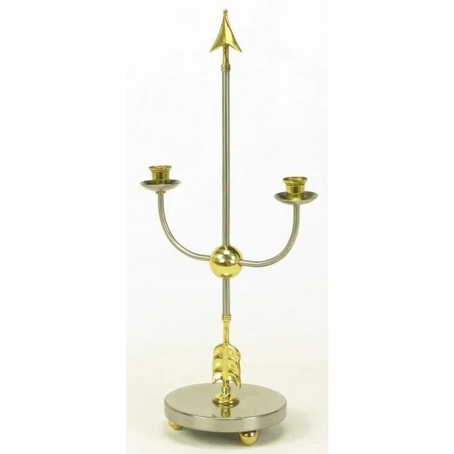 Italian Empire Style Brushed Steel & Brass Candelabra - a Pair For Sale - Image 4 of 10
