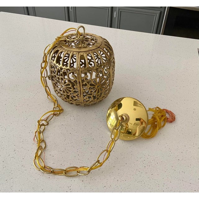 1950s Hollywood Regency Trio Pierced Brass Asian Ceiling Pendant Lights - Set of 3 For Sale - Image 12 of 12