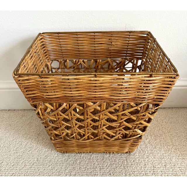 Wood Rattan and Wicker Basket Weave Wastebasket For Sale - Image 7 of 8