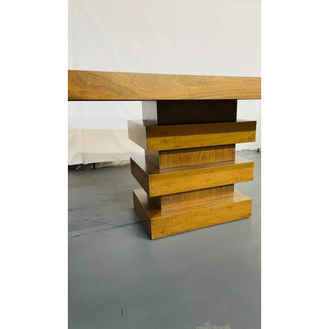 Chestnut Modern Oak Double Pedestal Base Dining / Conference Table, Geometric Design For Sale - Image 8 of 13