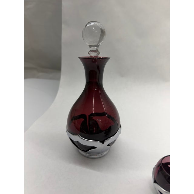 Vintage Mid-Century Cranberry Glass Decanter & 4 Cordial Glasses Set With Silver Overlay For Sale - Image 4 of 11