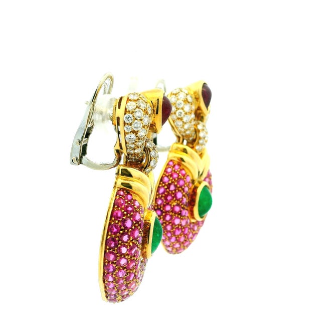 1980s Vintage 1980s 18k Gold Ruby Emerald & Diamond Drop Earrings, Pair For Sale - Image 5 of 11