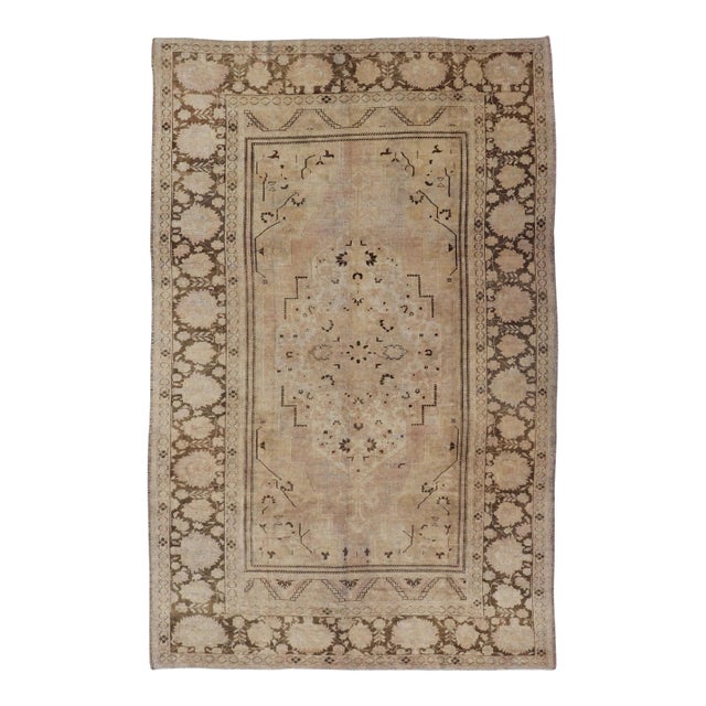 Vintage Oushak Rug With Muted Neutral Colors in Tan, Beige, Taupe, Gray & Brown For Sale