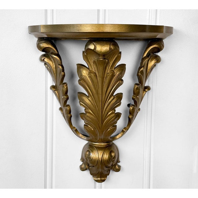 - Original 1972 Molded Resin Wall Shelf - Gold Gilded Finish with Nicely Designed Wreathed Motif - Recessed Top Surface -...