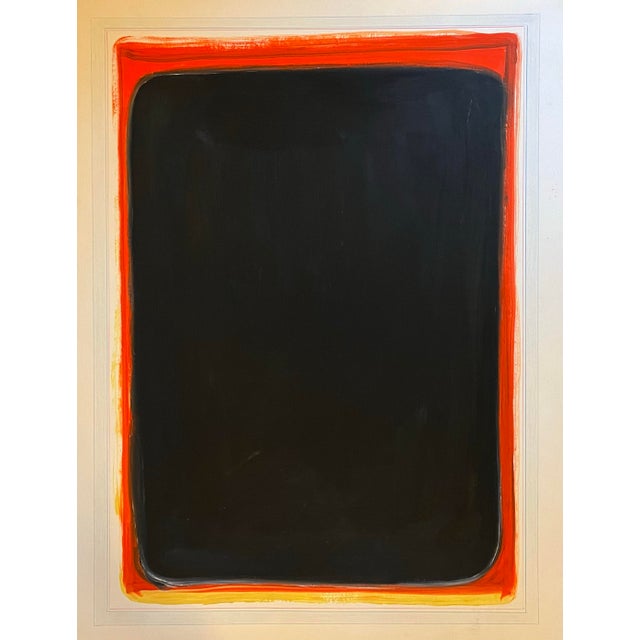 Original abstract minimalist oil painting. An indigo field outlined in red and a French styled banding of gouache and...