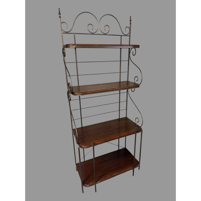 Wood Metal Bakers Rack Wood Shelves Scrollwork Display Shelf Bookcase Plant Stand For Sale - Image 7 of 7