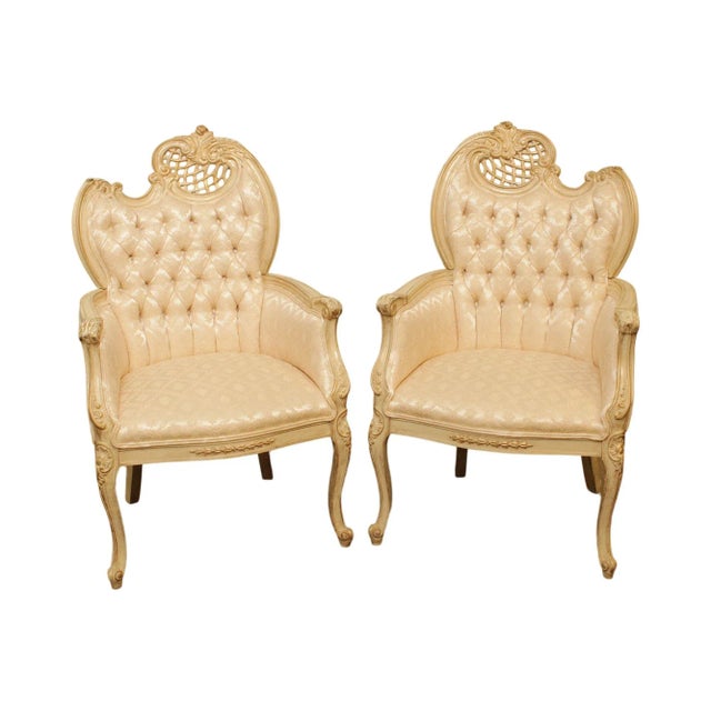 French Louis XV Style Vintage Pair Cream Painted Tufted Fire Side Chairs For Sale - Image 13 of 13