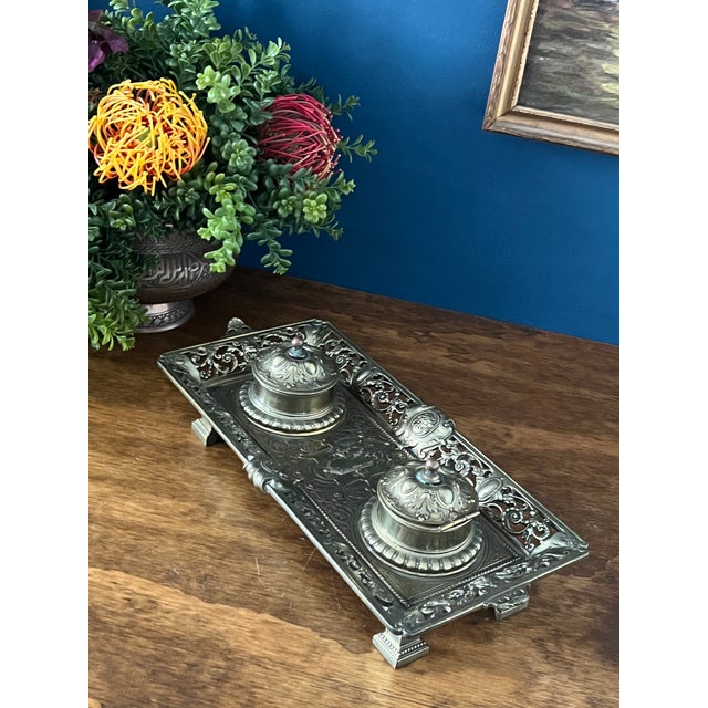 Antique Brass Double Inkwell Stand For Sale - Image 14 of 18