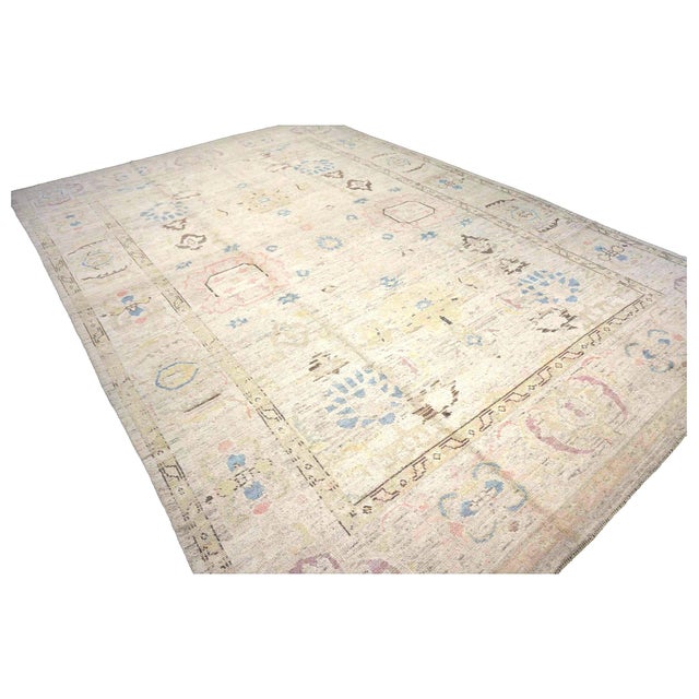 Turkish 21st Century Turkish Oushak Wool 10x15 Ivory, Tan & Blue Handmade Area Rug #1144194 For Sale - Image 3 of 7