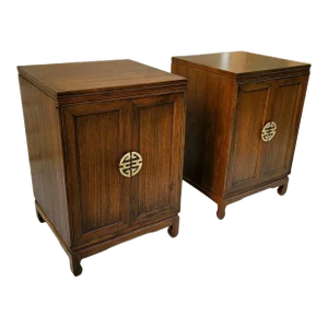 Mid 20th Century Solid Wood Chinoiserie Bifold Door Cabinets With Louvered Backs - a Pair