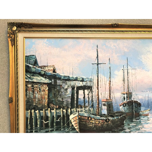 Mid 20th Century Vintage Signed & Framed W. Haywood Painting on Canvas, Boats and Old Boathouse For Sale - Image 5 of 10