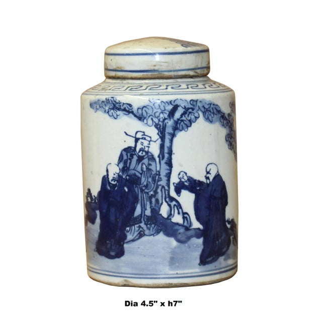 Chinese Blue White Ceramic Fok Lok Shou Graphic Container Urn Jar For Sale In San Francisco - Image 6 of 7