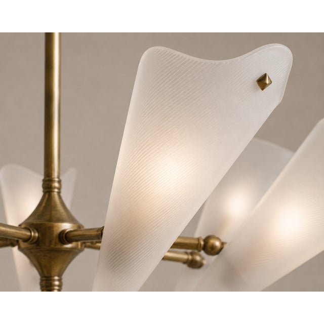 Mid-Century Modern 1950s Rare Italian Mid-Century Brass & Frosted Glass Chandelier Attributed to Stilnovo For Sale - Image 3 of 5