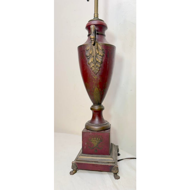Antique Handmade Painted French Red Tole Toleware Swan Metal Table Lamp Light For Sale - Image 9 of 18