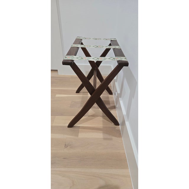 Mid 20th Century Vintage Wood Folding Luggage Stand W/Decorative Woven Tapestry Straps For Sale - Image 5 of 7