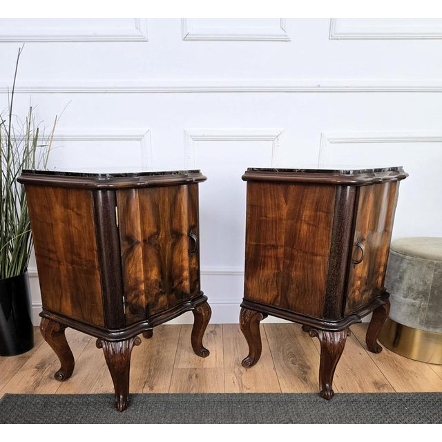 Black Italian Chippendale Walnut Nightstands with Marble Top, 1930s, Set of 2 For Sale - Image 8 of 10