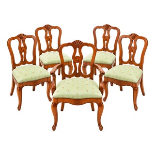 1970s Vintage Italian Chippendale Walnut Dining Chairs With Bee Silk Upholstery - Set of 5 For Sale