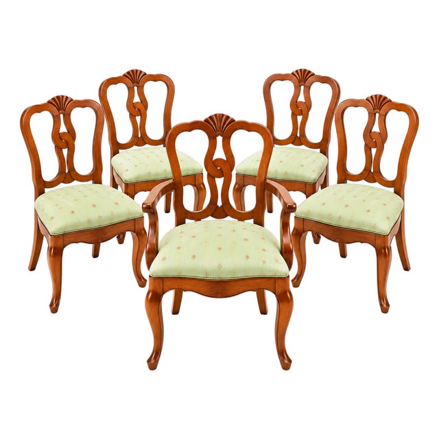 1970s Vintage Italian Chippendale Walnut Dining Chairs With Bee Silk Upholstery - Set of 5 For Sale