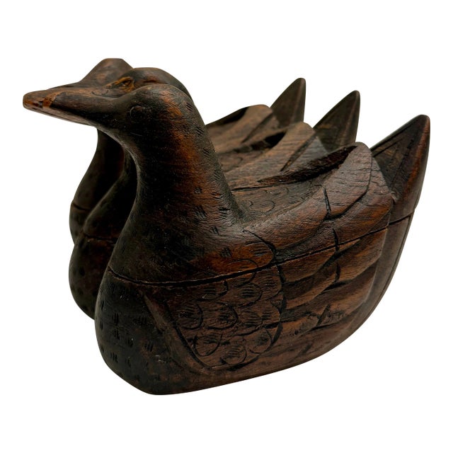 Mid-Century Modern Antique Hand-Carved Teak Wood Three-Duck Box For Sale