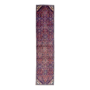1960s Vintage Persian Hamadan Blue Handmade Medallion Wool Runner