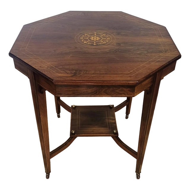 19th C English Edwardian Inlaid Rosewood Octagonal Center Table For Sale