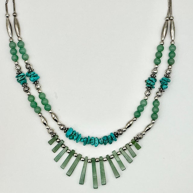1970s Vintage Southwestern Mexican Boho Chic Double Strand Sterling, Turquoise & Jade Necklace For Sale - Image 9 of 18