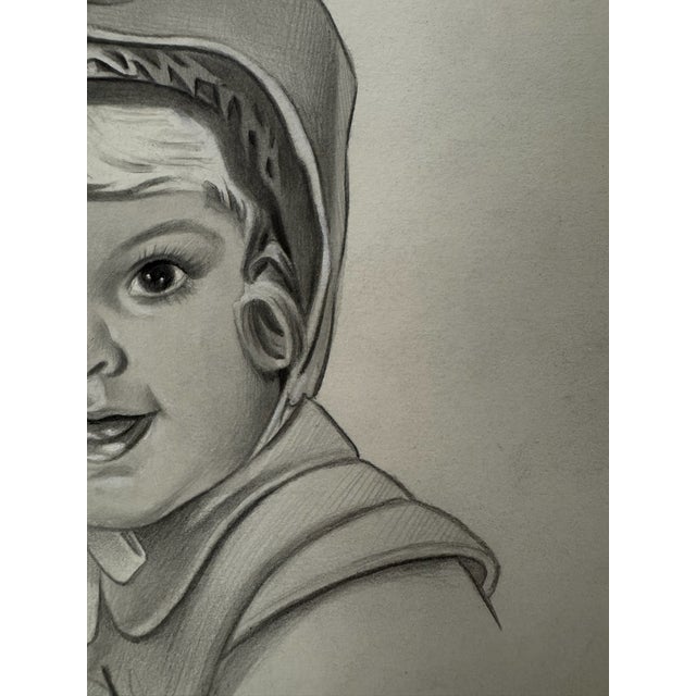 1940s Original Signed Graphite Illustration of Smiling Child in Bonnet, 11 × 8.5 In. For Sale - Image 4 of 7