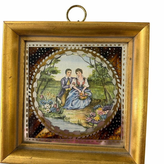French Country Early 20th Century Silk Embroidered Courting Couples Pastoral Scene Protected by Reverse Painting on Glass Miniature Scenes - Set of 3 For Sale - Image 3 of 9
