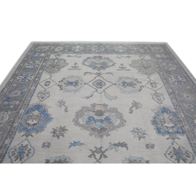 Blue Floral Design Handwoven Wool Modern Turkish Oushak Rug 9'9" X 13'2" For Sale - Image 4 of 8