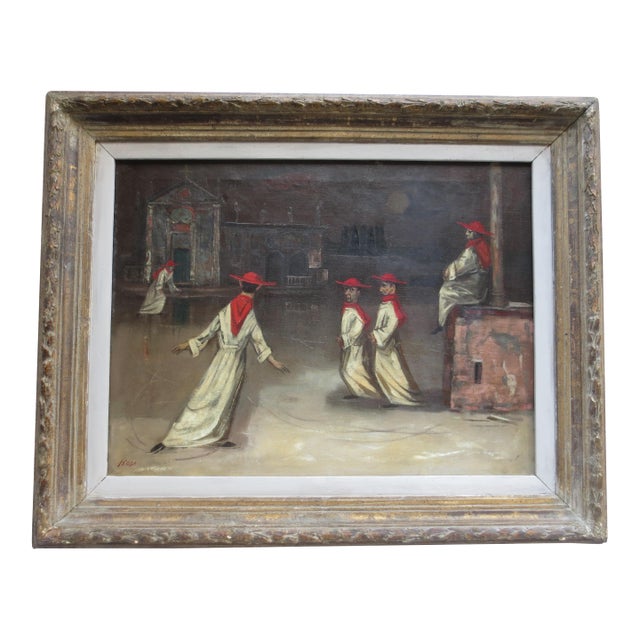 Iceskating Cardinals Under the Moon at the Cathedral by Louis Bosa For Sale