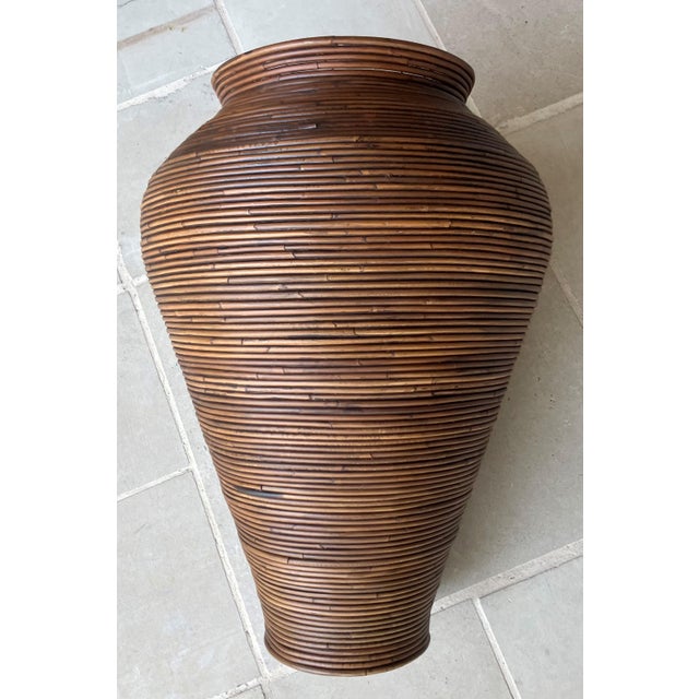 Burnt Umber Late 20th-Century Gabriella Crespi-Style Pencil Reed Rattan Pithos-Shape Floor Vase For Sale - Image 8 of 18