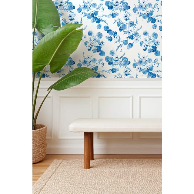 Textile Chirp Society Floral Grasscloth Wallpaper by House Party | French Blue | 6 Yards For Sale - Image 7 of 9
