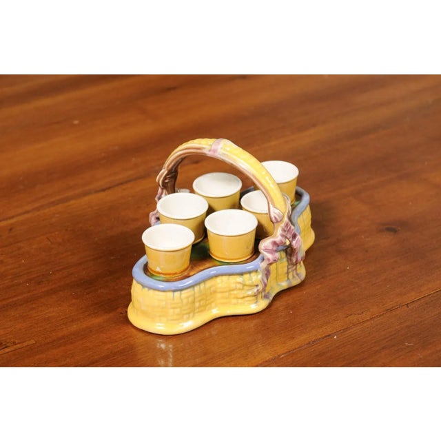 French 19th Century Majolica Porcelain Yellow Glazed Basket with Egg Cups Set- 7 Pieces For Sale In Atlanta - Image 6 of 13