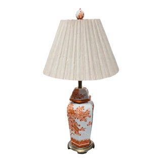 Vintage Chinoiserie Porcelain Table Lamp With Terracotta Floral Motif and Pleated Shade For Sale