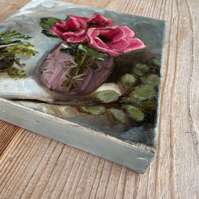 This original still life oil painting of pink poppies in a colored glass vintage style patterned cut glass vase is 8x8 on...