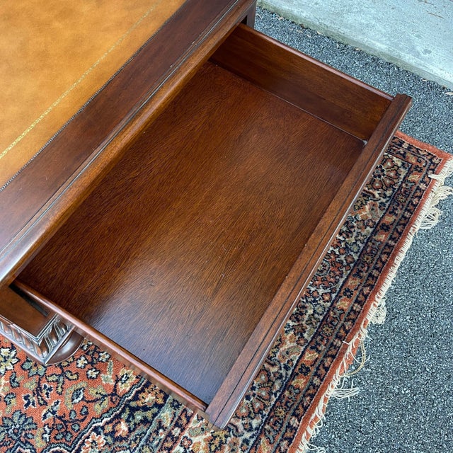Ethan Allen Townhouse Collection British Colonial Maple & Burlwood 2 Drawer Leather Top Coffee Table For Sale In Philadelphia - Image 6 of 12