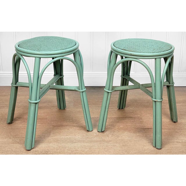 Vintage Coastal Rattan Turquoise Round Wicker Stools - A Pair For Sale - Image 4 of 13