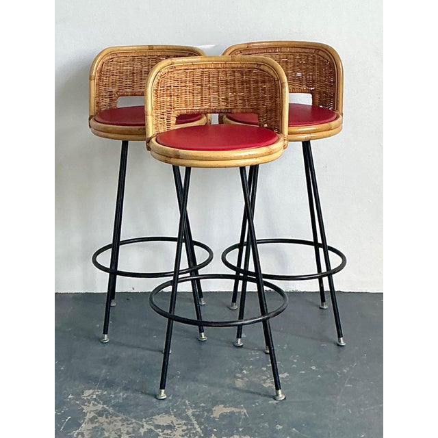 Mid 20th Century Vintage Rattan and Metal Bar Stools - Set of 3 For Sale - Image 5 of 14