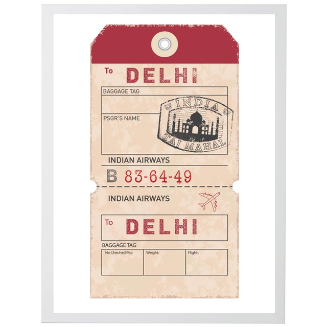 Illustration Delhi Travel Ticket Print in White Shadowbox - 13" x 17" For Sale - Image 3 of 3