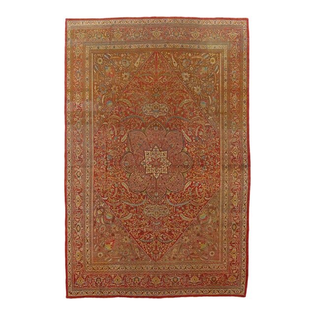 Antique Tabriz Carpet, Handmade Persian Rug in Floral Gold, Red and Beige For Sale