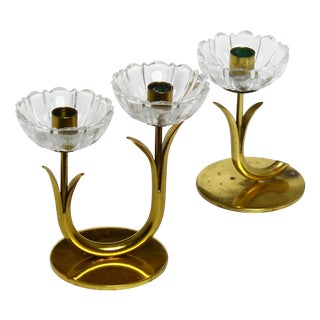 Metal, Brass and Clear Glass Flowers Candleholders by Gunnar Ander for Ystad-Metall, 1950s, Set of 2 For Sale