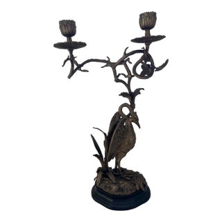 Late 20th Century Detailed Bronze Crane With Foliage Candlabra For Sale